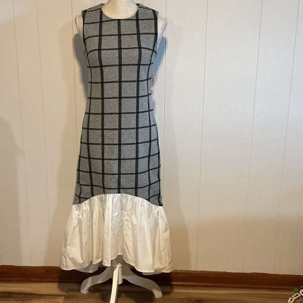 English factory Checked Knit Dress with White Ruffle Hem